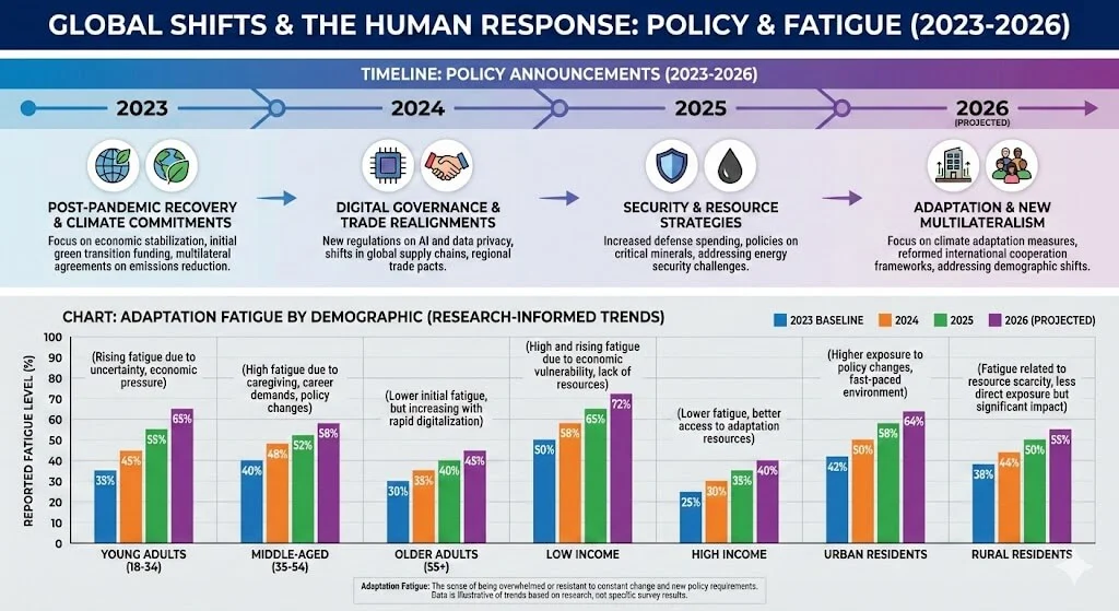 Infographic titled "Global Shifts & The Human Response: Policy & Fatigue (2023-2026)". The top section displays a timeline of key policy announcements, moving from Post-Pandemic Recovery in 2023 to New Multilateralism in 2026. The bottom section features a bar chart showing "Adaptation Fatigue by Demographic", highlighting rising fatigue levels across groups. Data shows particularly high stress for young adults and lower-income groups, with levels reaching 65-72% by 2026 due to economic vulnerability and rapid policy changes.