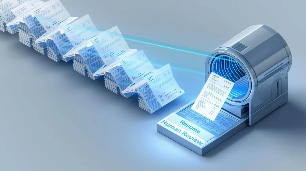 A stack of digital resume papers passing through a glowing digital filter funnel; most are being discarded into a red bin, while one goes into a green bin.