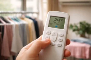 Close-up of an aircon remote showing Dry Mode icon while clothes dry indoors