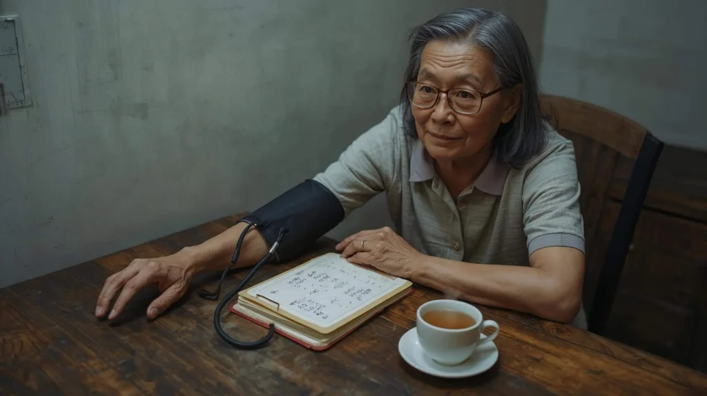 An elderly Singaporean woman sitting at her dining table at home, checking her blood pressure with a digital machine, looking at the numbers intently.
