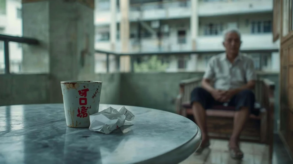 A lonely cup of coffee and a packet of tissue paper on a round marble table in an HDB void deck, with seniors sitting far apart in the background.