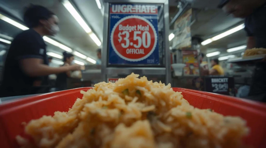 A plate of roasted chicken rice with a noticeably small portion of meat, sitting on a red plastic tray. In the background, a hawker stall signboard displays a red "Budget Meal $3.50" sticker.