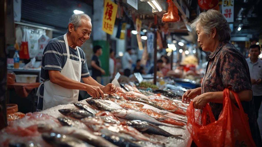 A medium shot of a wet market stall in Singapore. An elderly fishmonger is chatting with a customer. There is no queue. The pace is relaxed.