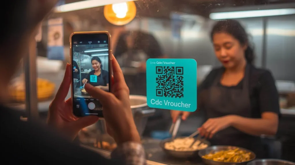 Close-up of a Singaporean resident holding a smartphone, scanning a CDC Voucher QR code at a traditional hawker stall counter. The hawker is smiling.