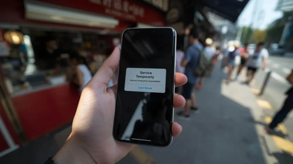 A close-up of a smartphone screen held in a hand against a Singapore street background. The screen shows a "System Maintenance" or "Service Unavailable" error message on a banking app.