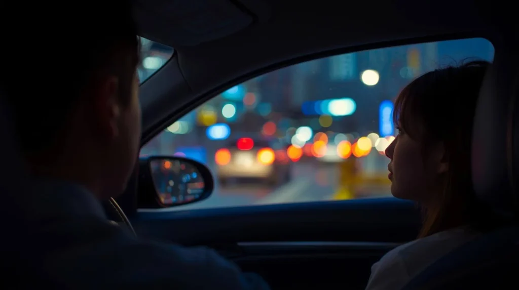 Interior view from the back seat of a private hire car in Singapore. The driver is focused on the road, the passenger is looking out the window. It looks quiet.