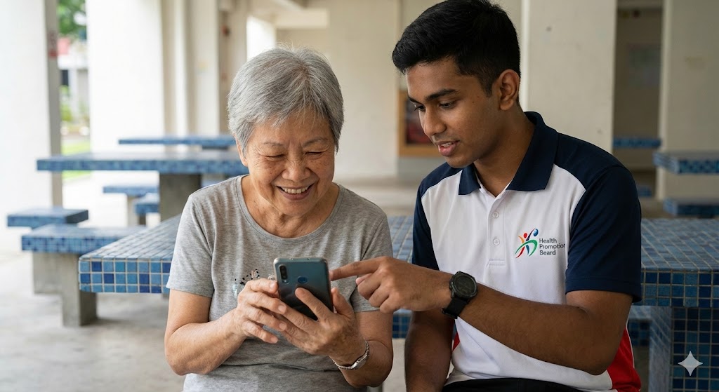 An elderly Singaporean woman receiving help from a volunteer to use the Healthy 365 app at a void deck in Woodlands.