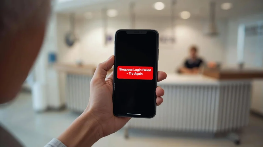 A close-up of a smartphone screen showing a "Singpass Login Failed" error message, held by shaking hands. Background shows a blurred government counter.