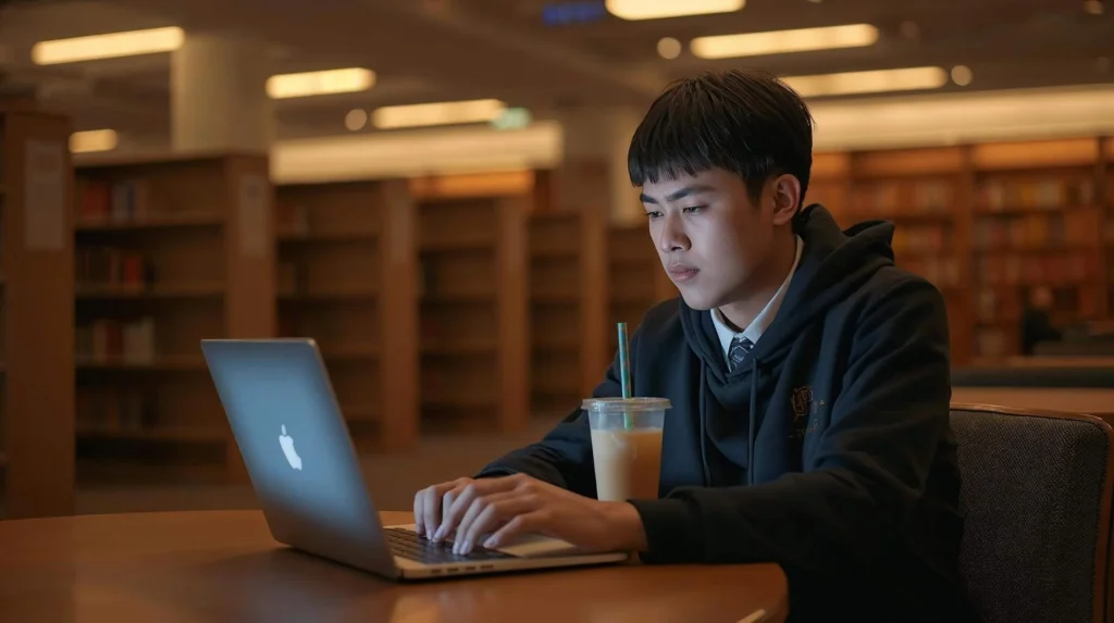A student sitting in a library with a laptop, looking relaxed while a chatbot interface on the screen generates a summary of notes.