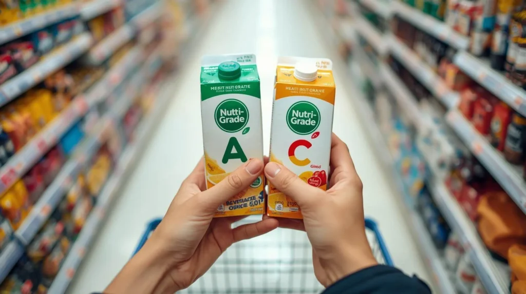 A shopper in a Singapore supermarket hesitating between two cartons of milk, staring intensely at the Nutri-Grade labels (A vs C).