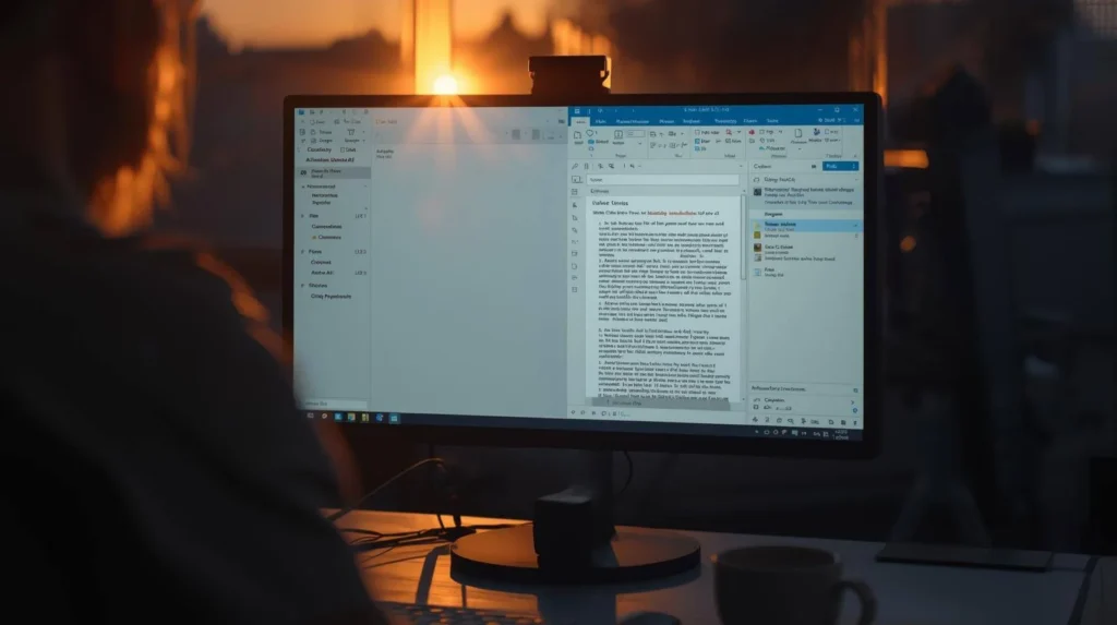 Close up of a computer screen showing a split view: A complex email draft on one side, and a chatbot interface on the other generating the text.