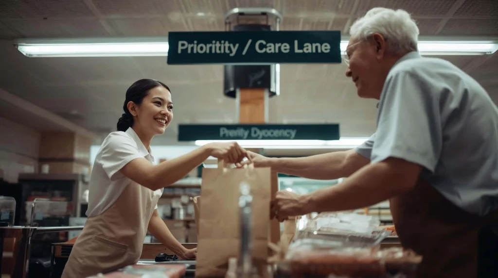 A concept image of a supermarket checkout lane with a sign saying "Priority Lane" or "Chat Lane", showing a cashier smiling and talking to an elderly customer.