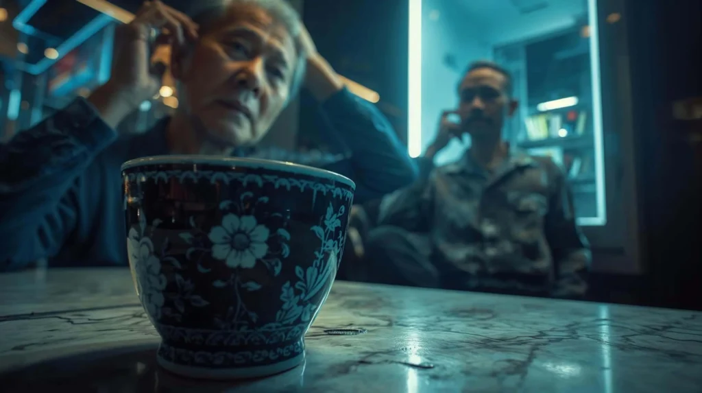 A close-up of a traditional Kopi cup on a marble table; in the blurred background, an elderly Singaporean uncle looks confused while standing in front of a bright digital self-ordering kiosk.