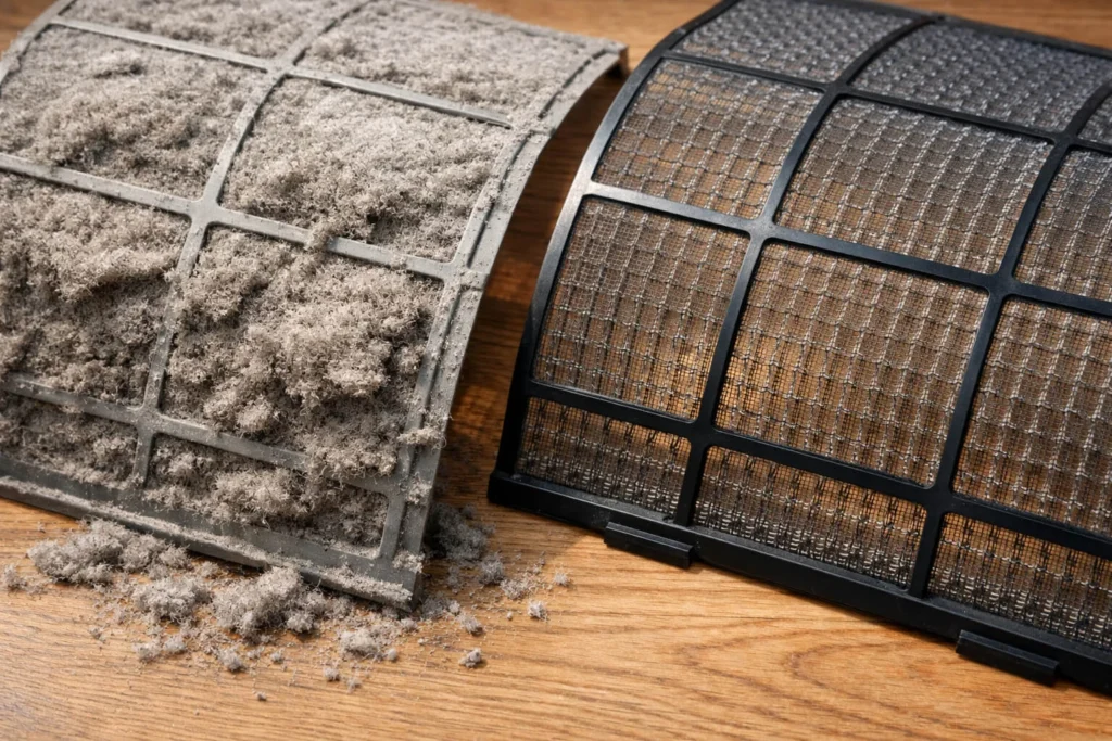 Close-up of a dusty aircon mesh filter next to a clean rinsed filter, showing the difference clearly