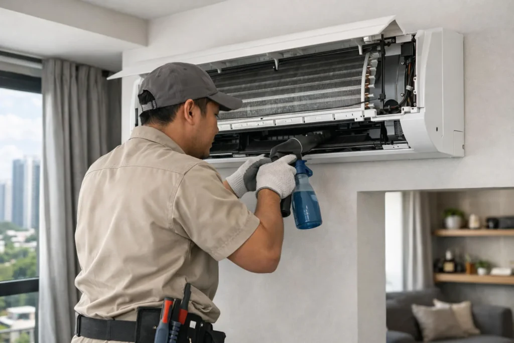 Technician cleaning a split aircon indoor unit coils and drain pan during servicing in a Singapore home
