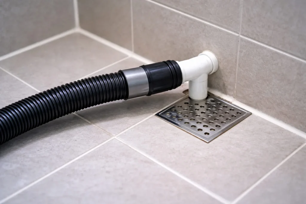 Wet/dry vacuum attached to an aircon drain pipe outlet in a Singapore bathroom to clear a blockage