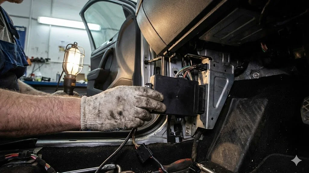 A mechanic's hand demonstrating the installation of the ERP 2.0 processing unit in the passenger footwell area.