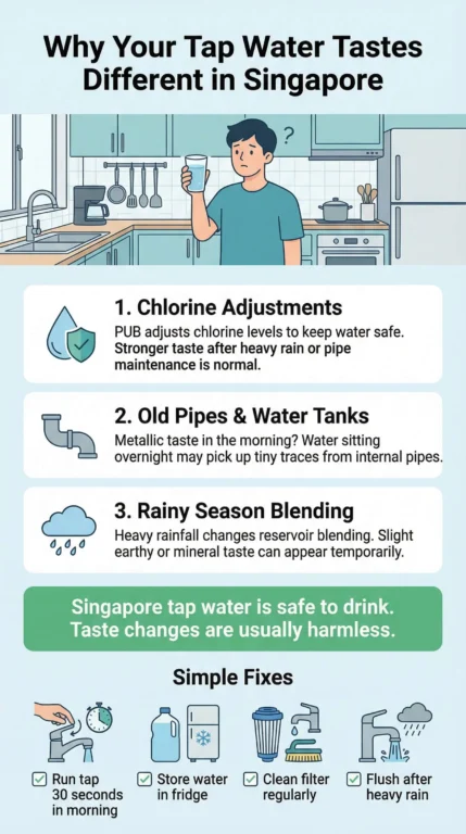 Infographic explaining why tap water tastes different in Singapore and when it is normal