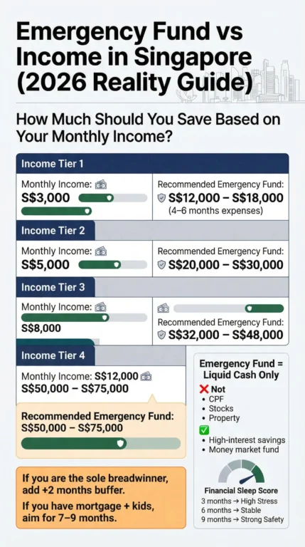 Emergency fund recommendations in Singapore based on monthly income levels with savings targets chart