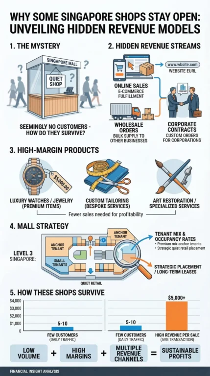 infographic explaining why some Singapore retail shops look empty but survive with high margin products online sales and wholesale revenue