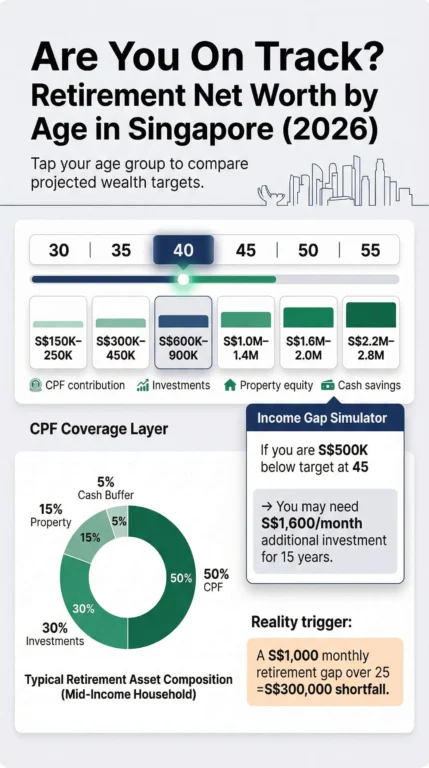 Interactive-style retirement net worth chart by age group in Singapore showing CPF and investment breakdown