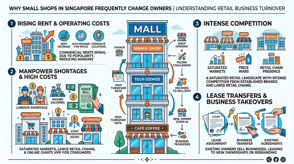 A modern vertical infographic explaining why small retail shops in Singapore frequently change owners, illustrating factors like rising rent, manpower costs, and lease transfers alongside a local mall storefront.