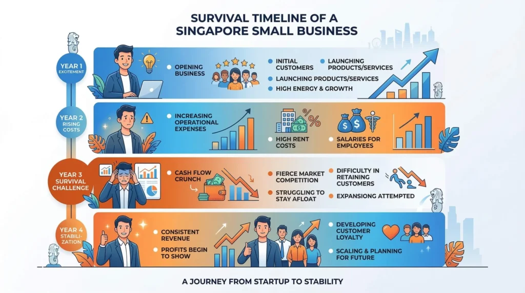 infographic showing singapore sme survival timeline from year 1 startup excitement to year 3 survival challenges